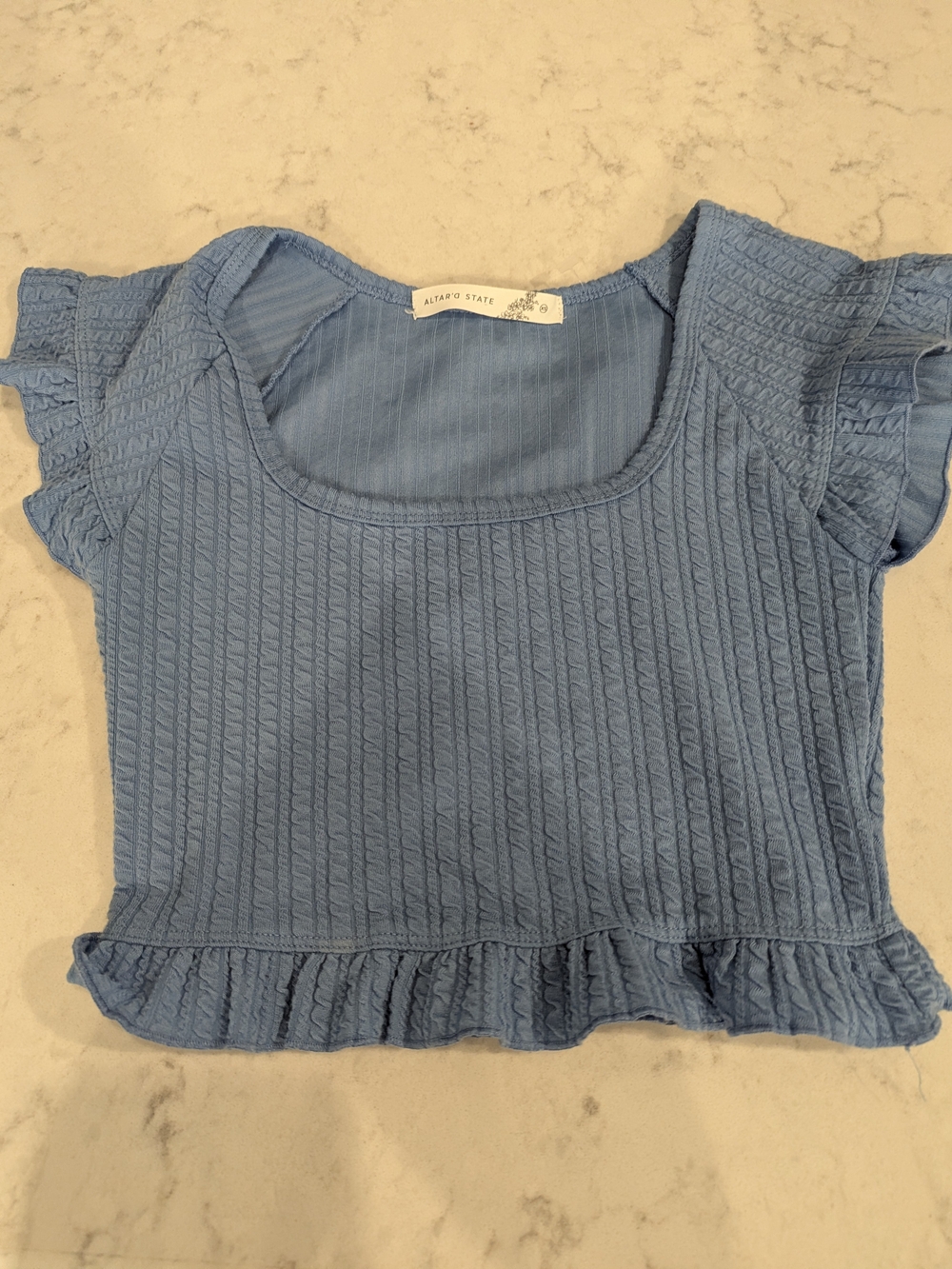 Altar'd State Blue Textured Ruffle Short Sleeve Top